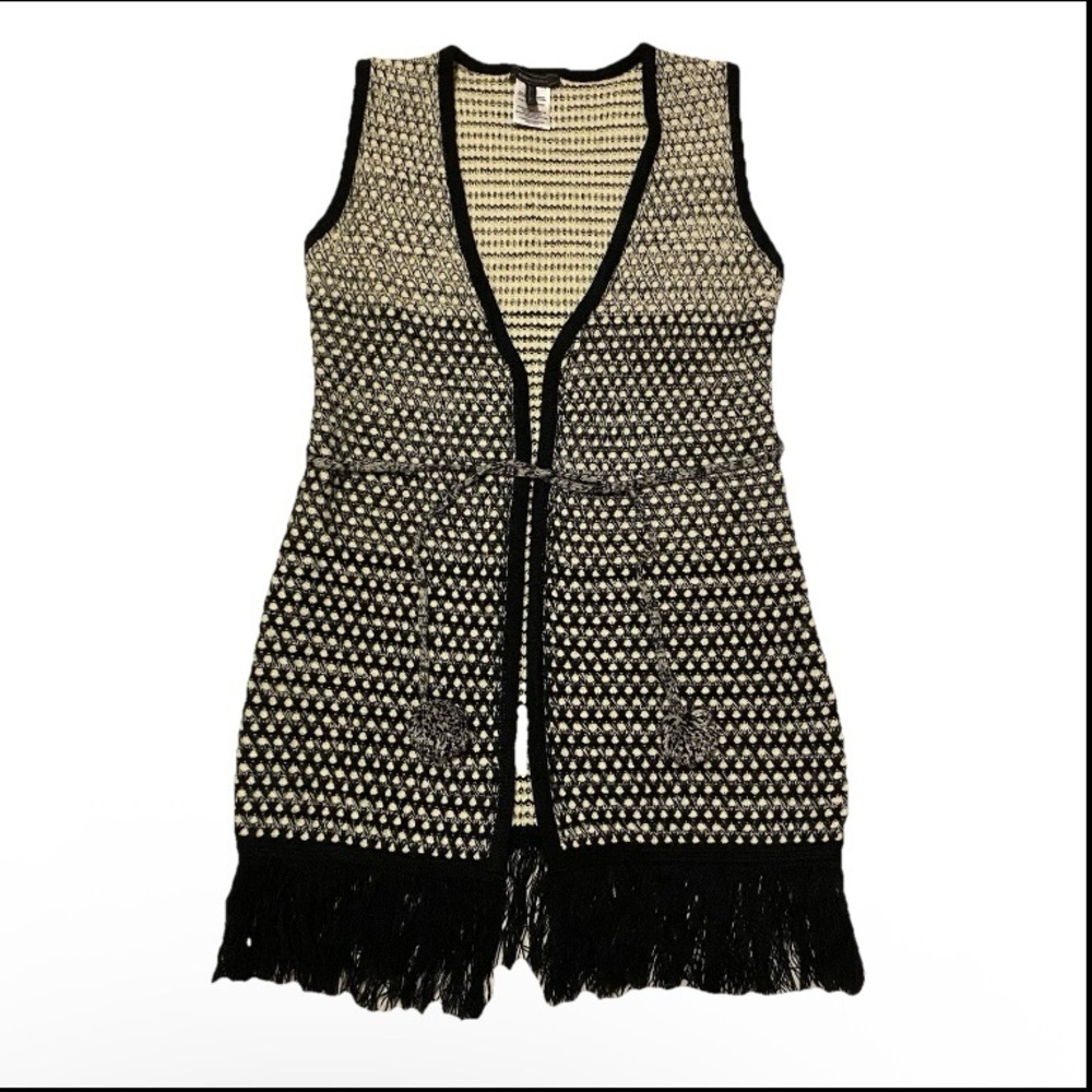 BCBG MaxAzaria Sweater Vest Open Front Black And Cream Fringe Knit Size Large